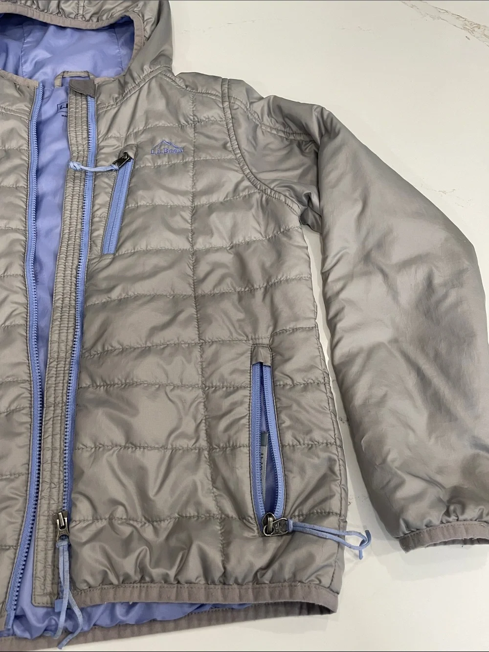 L.L. Bean Kids' Hooded Puffer Jacket in Light Gray with Lavender Trim